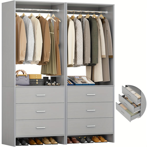 Aheaplus Closet System WithDrawers, Closet Organizer, Wood Closet Organizer System, Walk-in Closet Or Small Closets Wardrobe, Clothes Rack With Hanging Rods