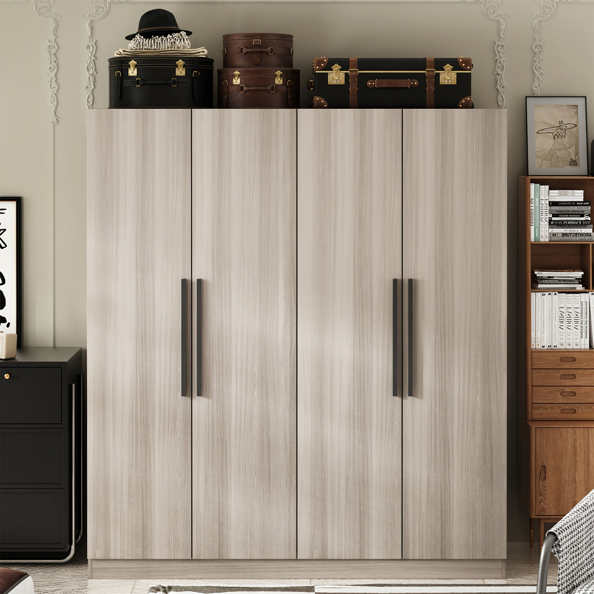 Spacious 4-Door White Wardrobe Armoire Closet - Freestanding Organizer with Storage Shelves & Hanging Rod, Durable MDF Wood, Water-Resistant, Easy Assembly, Modern Design for Bedroom Storage (63\