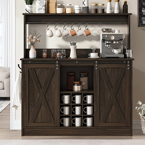 47 Inch Washed Gray, White, Oak Farmhouse Coffee Cabinet, With 9 Racks And 6 Hooks, , Kitchen Coffee Cabinet With Hutch And Sliding Barn Door For Living Dining Room, Washed Gray, White, Oak