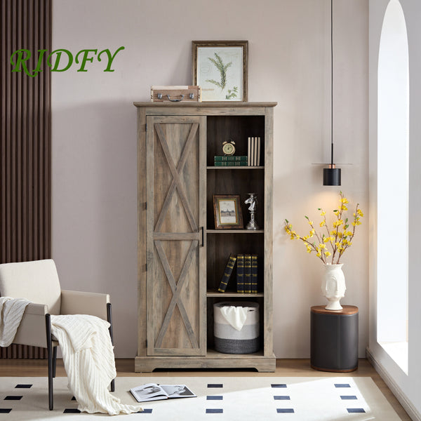 Large Rustic Farmhouse Tall Storage Cabinet with Barn Door - Solid Wood, Adjustable Shelves & X-Design Doors, Gray Wash White Oak Pantry Cupboard, 39.37\