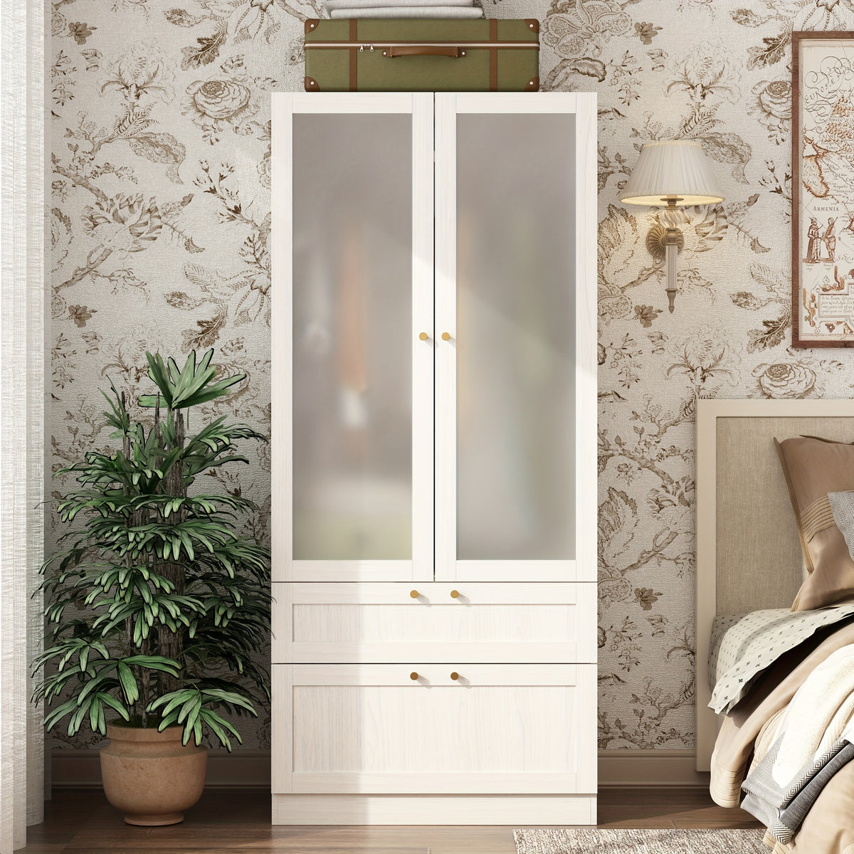 Elegant Armoire Wardrobe Closet With 6 Frosted Glass Doors & 4 Drawers, Wardrobe Closet With Hanging Rods & Shelves, Clothes Storage Cabinet Organizer For Bedroom, Stylish And Modern Design, Warm Grey