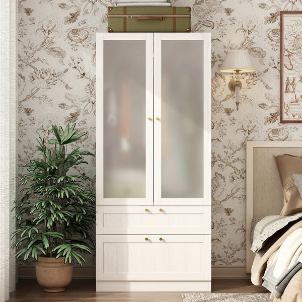 Elegant Armoire Wardrobe Closet With 6 Frosted Glass Doors & 4 Drawers, Wardrobe Closet With Hanging Rods & Shelves, Clothes Storage Cabinet Organizer For Bedroom, Stylish And Modern Design, Warm Grey