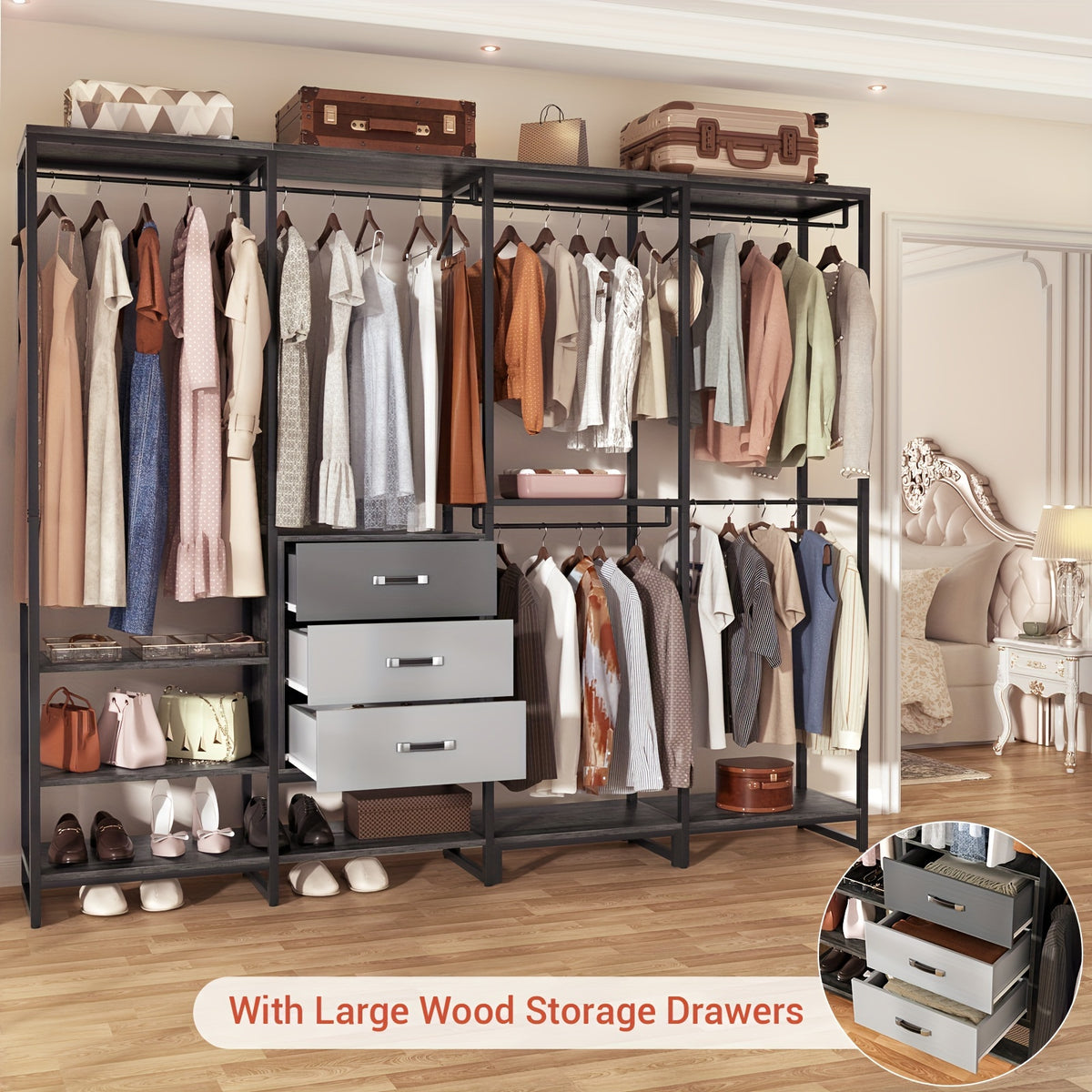 Wooden Closet Organizer Heavy Duty Wooden Closet Rack, Convertible L-Shaped Closet Storage with 3 Wooden Drawers