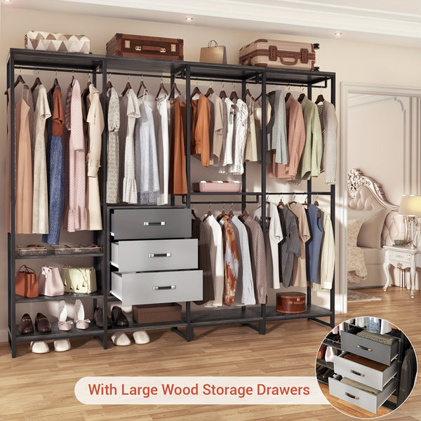 Wooden Closet Organizer Heavy Duty Wooden Closet Rack, Convertible L-Shaped Closet Storage with 3 Wooden Drawers