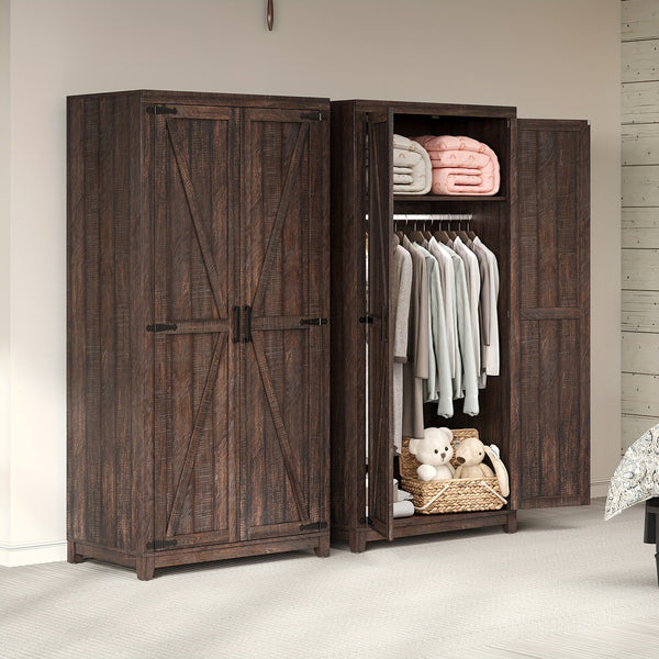 Farmhouse Wardrobe Armoire With 2 Sliding Barn Doors, 71'' Tall Storage Cabinet With Shelf & Hanging Rod, Versatile Cabinet Organizer