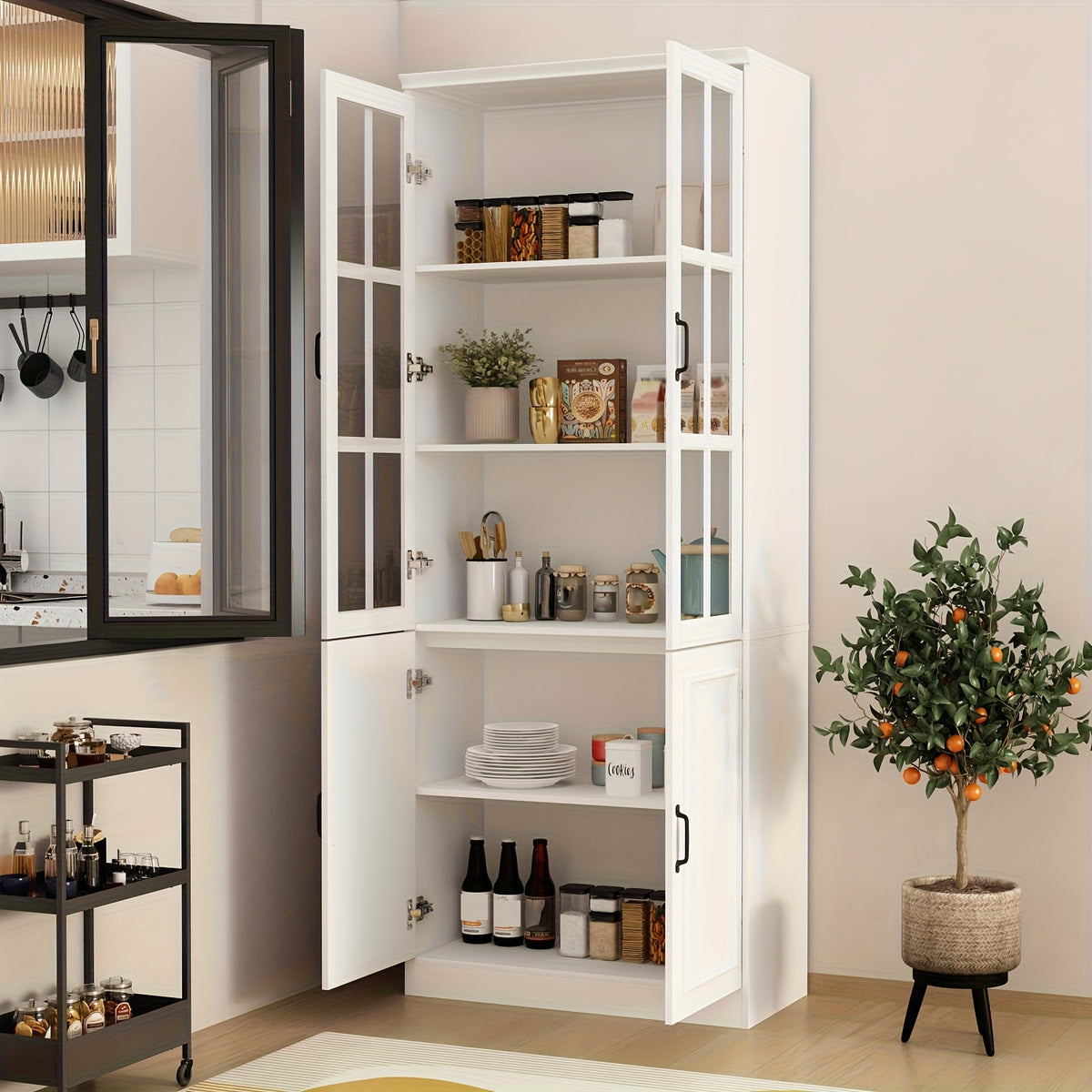 Elegant Bookcase Bookshelf Storage Cabinet with Glass Doors, Large Display Cabinet with Multi Layer Storage Shelves for Living Room And Office, Large Storage Space, White