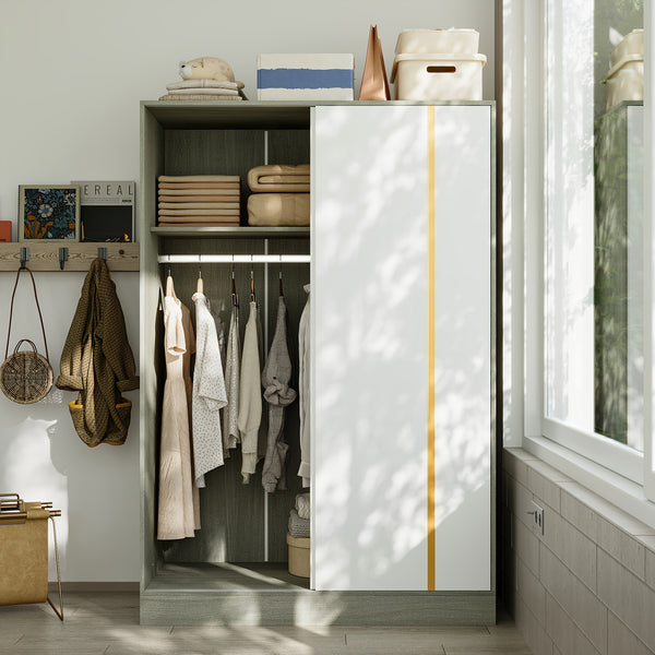 69.7'' Tall Large Wardrobe Armoire Closet With Storage Shelves & Hanging Rod, Wardrobe Closet With White Sliding Door Panel & Golden Metal Strip, Modern Wardrobe Cabinet For Bedroom, Clothes Organizer And Storage, With Anti Dumping Device