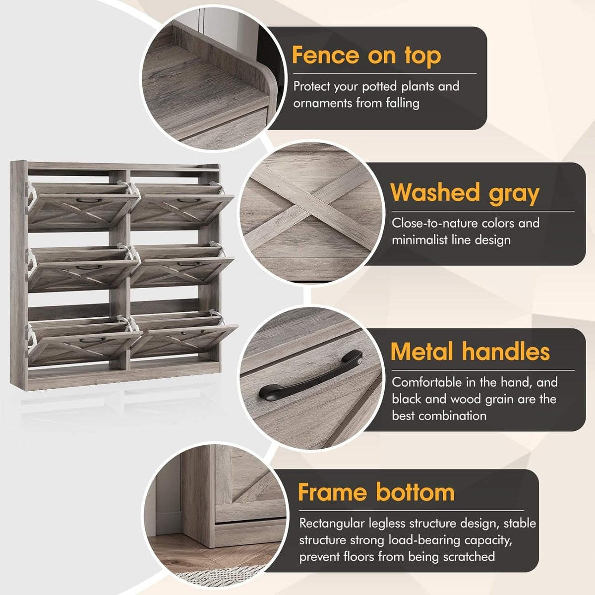 Washed Gray Shoe Storage Cabinet With 6 Flip Drawers - Narrow Freestanding Shoe Cabinet And Shoe Storage Organizer With Metal Handles For Entryway, Large Shoe Rack Organizer, Modern Farmhouse Shoe Rack, Ideal For Shoe Racks