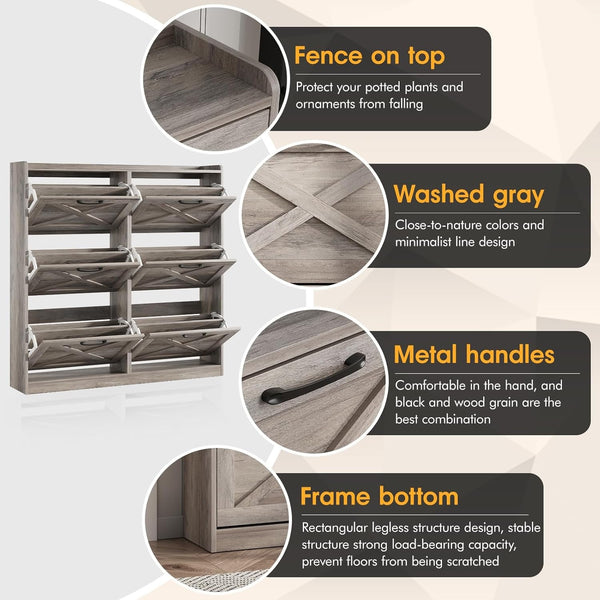 Washed Gray Shoe Storage Cabinet With 6 Flip Drawers - Narrow Freestanding Shoe Cabinet And Shoe Storage Organizer With Metal Handles For Entryway, Large Shoe Rack Organizer, Modern Farmhouse Shoe Rack, Ideal For Shoe Racks