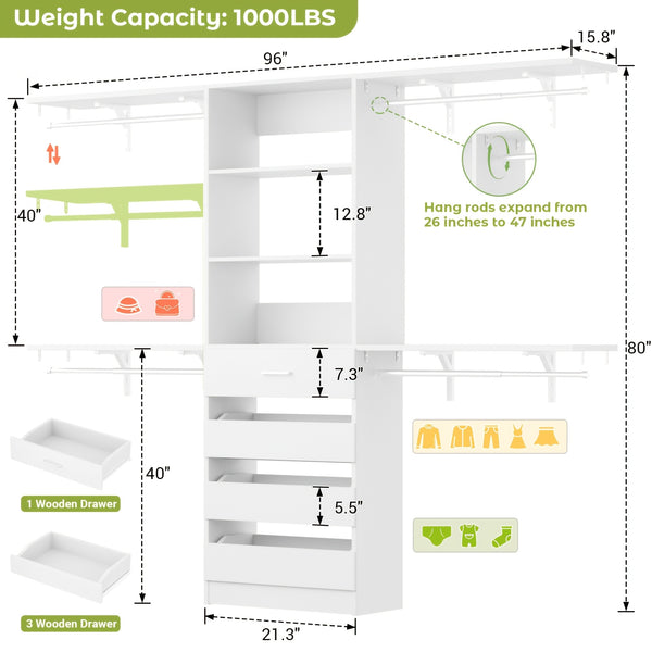 Aheaplus Closet System, Wood Closet Organizer Starter Kit with 4 Drawers, 8ft Closet Organizer System, 96'' Walk-in Closet Wardrobe Clothes Rack with 4 Hanging Rods, Shelves, Adjustable Garment Rack, Cut Fits Spaces 4-9ft
