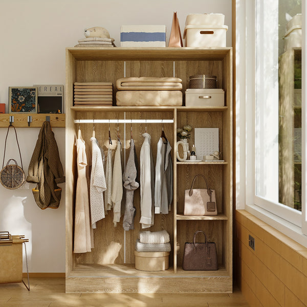 69.7'' Tall Large Wardrobe Armoire Closet With Storage Shelves & Hanging Rod, Wardrobe Closet With White Sliding Door Panel & Golden Metal Strip, Modern Wardrobe Cabinet For Bedroom, Clothes Organizer And Storage, With Anti Dumping Device