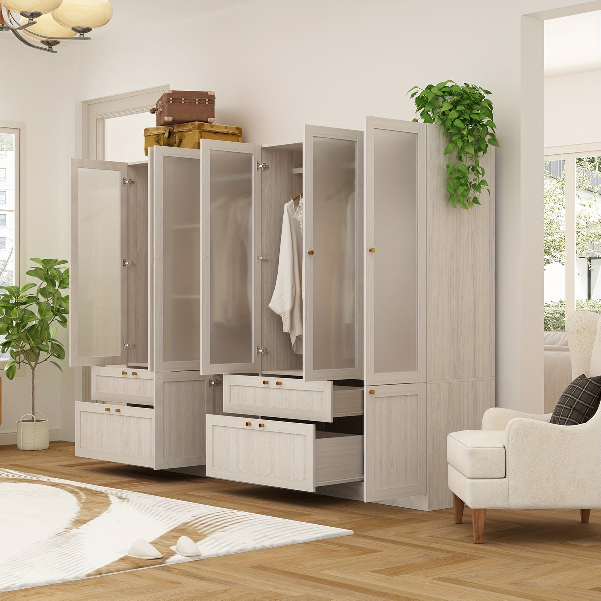 Elegant Armoire Wardrobe Closet With 6 Frosted Glass Doors & 4 Drawers, Wardrobe Closet With Hanging Rods & Shelves, Clothes Storage Cabinet Organizer For Bedroom, Stylish And Modern Design, Warm Grey