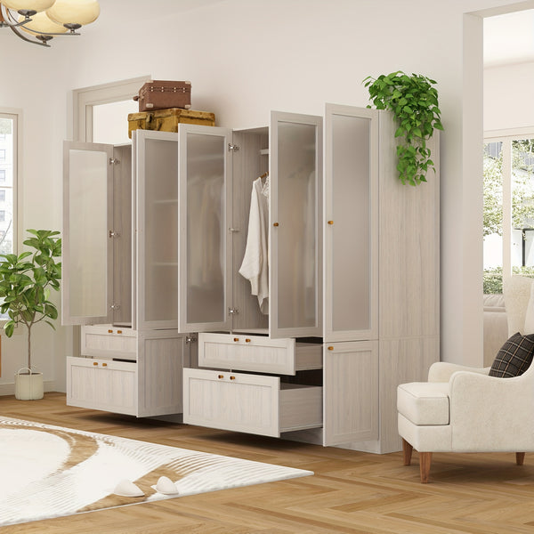 Elegant Armoire Wardrobe Closet With 6 Frosted Glass Doors & 4 Drawers, Wardrobe Closet With Hanging Rods & Shelves, Clothes Storage Cabinet Organizer For Bedroom, Stylish And Modern Design, Warm Grey