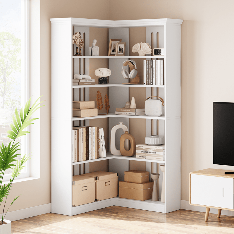 L Shaped Corner Bookshelf 5 Tier Large Wood Display Bookshelf 90° Corner Standing Bookcase