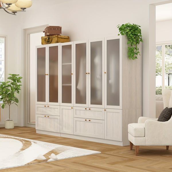Elegant Armoire Wardrobe Closet With 6 Frosted Glass Doors & 4 Drawers, Wardrobe Closet With Hanging Rods & Shelves, Clothes Storage Cabinet Organizer For Bedroom, Stylish And Modern Design, Warm Grey