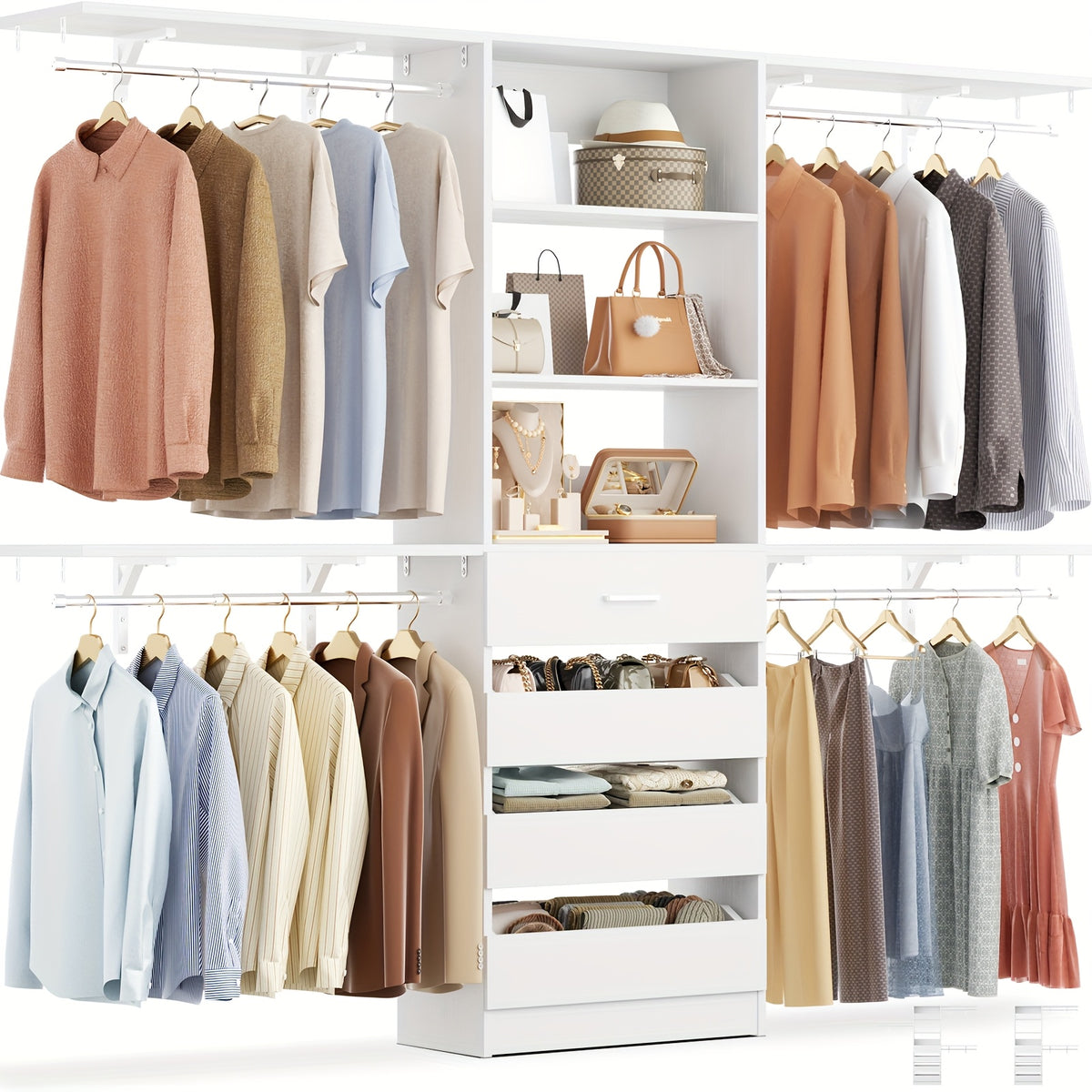 Aheaplus Closet System, Wood Closet Organizer Starter Kit with 4 Drawers, 8ft Closet Organizer System, 96'' Walk-in Closet Wardrobe Clothes Rack with 4 Hanging Rods, Shelves, Adjustable Garment Rack, Cut Fits Spaces 4-9ft