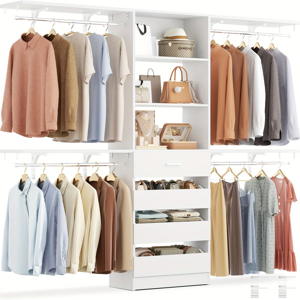 Aheaplus Closet System, Wood Closet Organizer Starter Kit with 4 Drawers, 8ft Closet Organizer System, 96'' Walk-in Closet Wardrobe Clothes Rack with 4 Hanging Rods, Shelves, Adjustable Garment Rack, Cut Fits Spaces 4-9ft