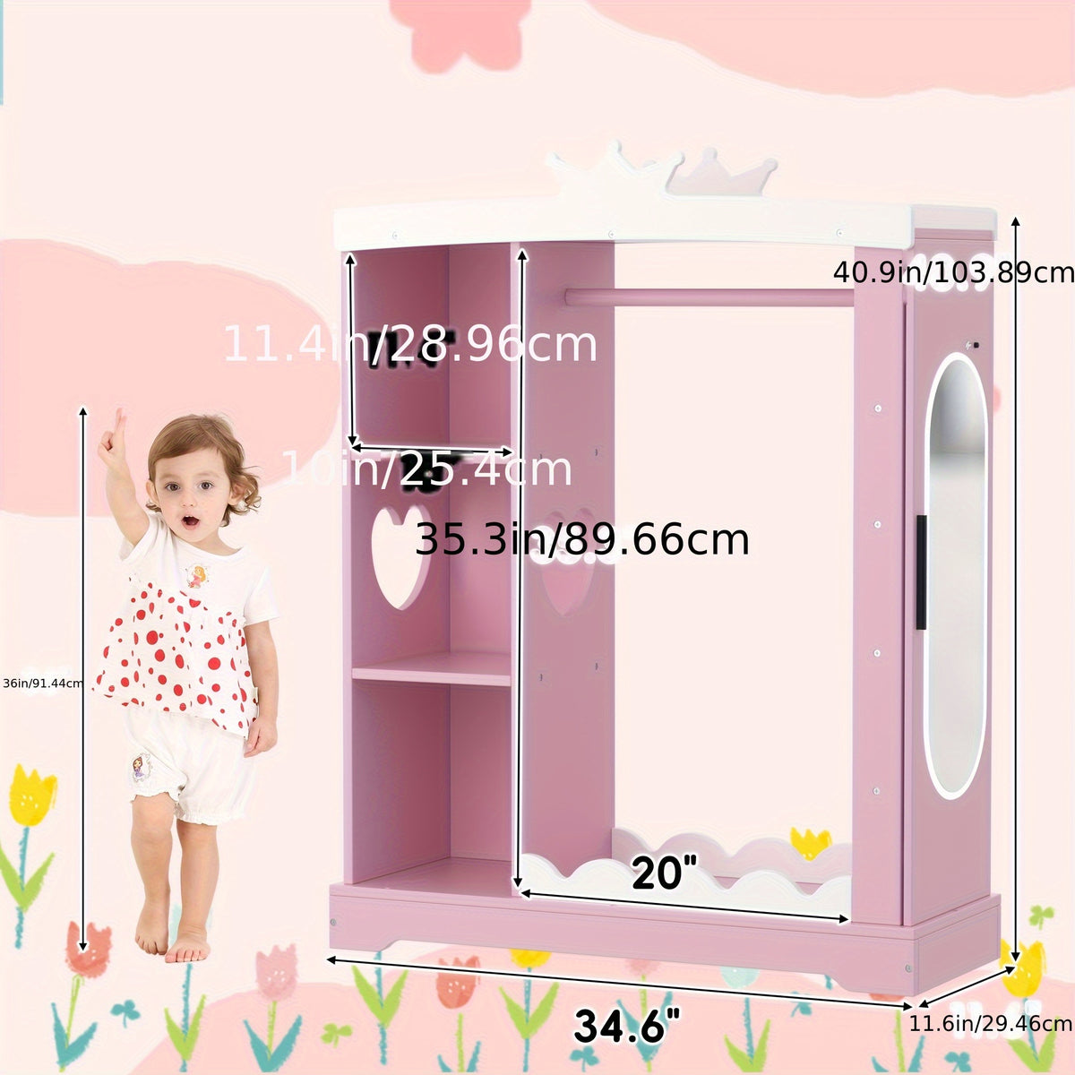Pink Modern Kids Dress-Up Closet with Dual Mirrors, Jewelry Storage & Crown Top - Sturdy MDF Organizer with Hanging Rod, Shelves & Shoe Storage for Teen Girls Bedroom, 34.6\