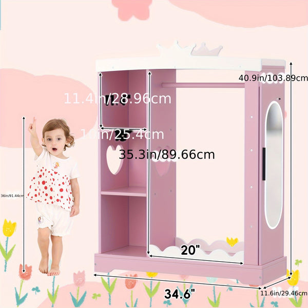 Pink Modern Kids Dress-Up Closet with Dual Mirrors, Jewelry Storage & Crown Top - Sturdy MDF Organizer with Hanging Rod, Shelves & Shoe Storage for Teen Girls Bedroom, 34.6\
