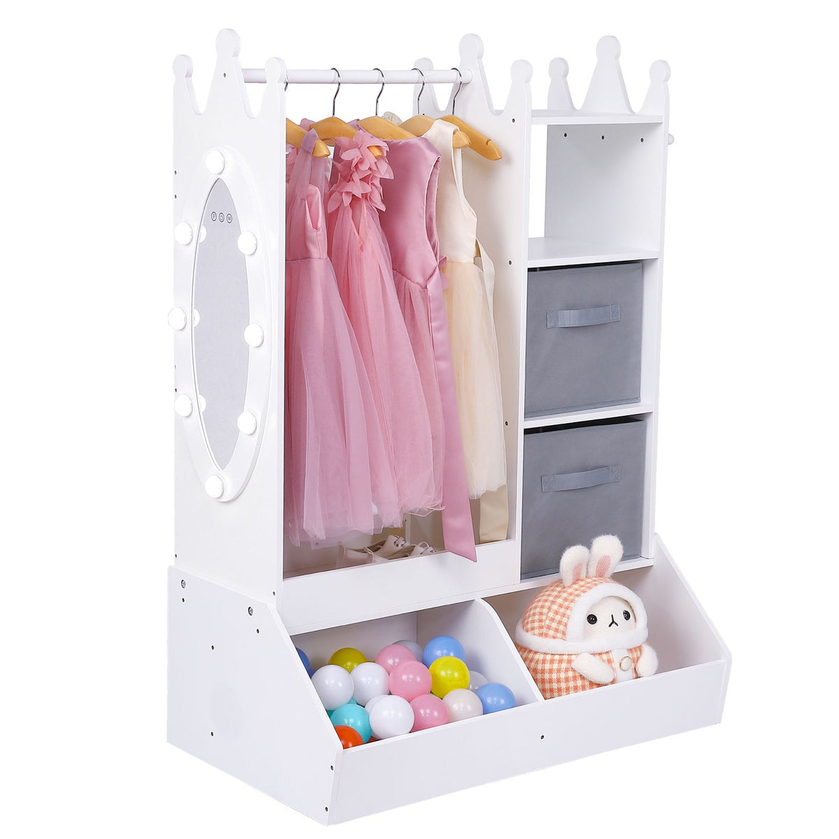 ' White Dress Up Storage Cabinet with Lighted Mirror & Clothing Rack - Pink & Golden-Toned Wardrobe Organizer, Play Armoire with Shelves\u002FBins, Birthday\u002FChristmas Gift Room Decor (Easy Assembly)