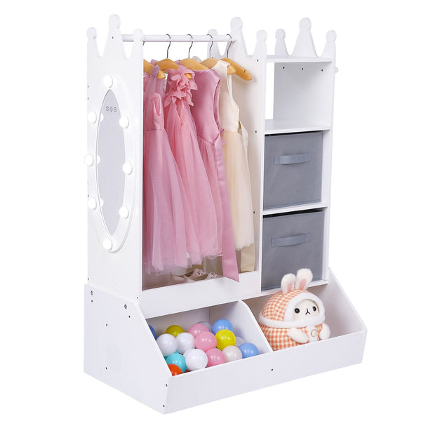 ' White Dress Up Storage Cabinet with Lighted Mirror & Clothing Rack - Pink & Golden-Toned Wardrobe Organizer, Play Armoire with Shelves\u002FBins, Birthday\u002FChristmas Gift Room Decor (Easy Assembly)