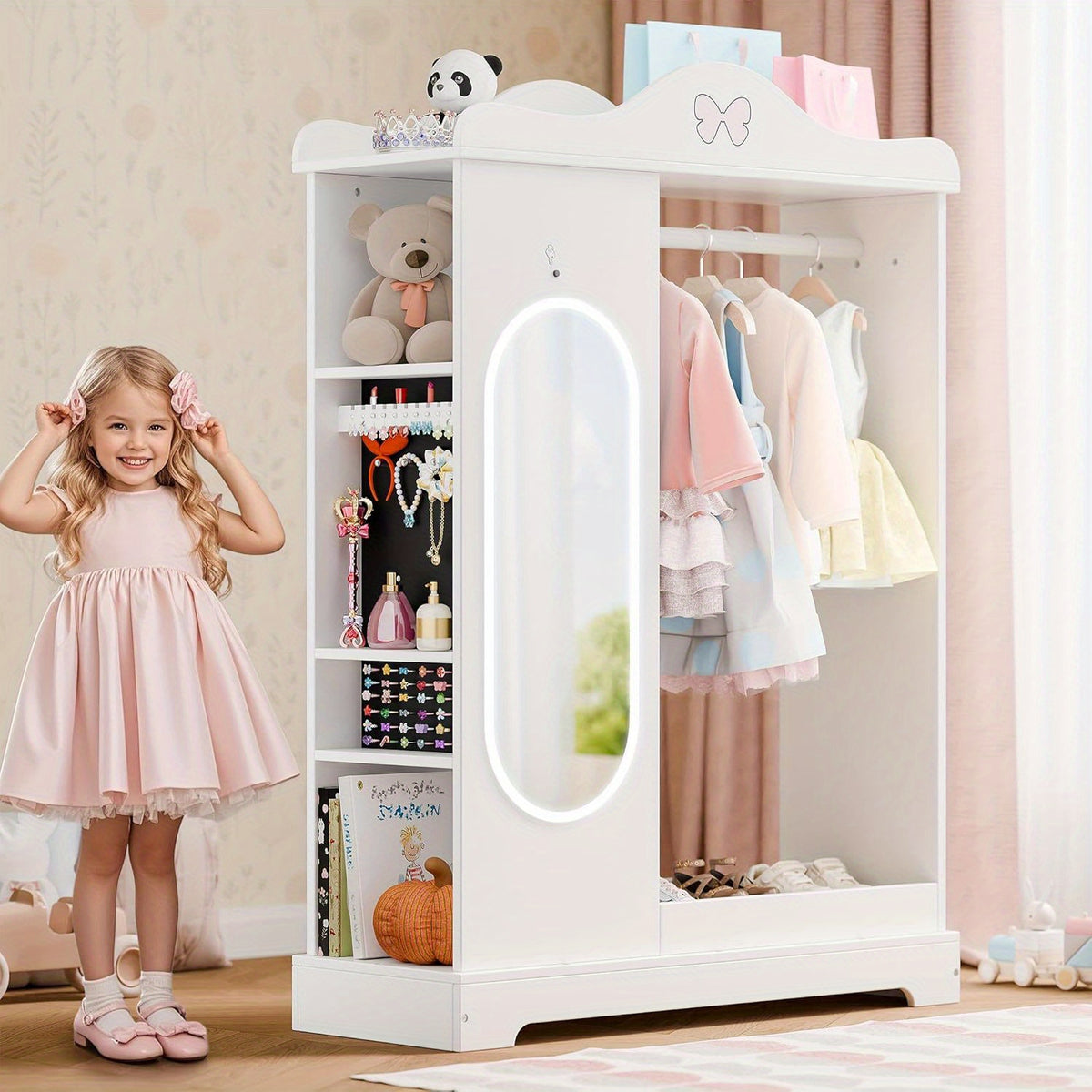 TOLEAD Princess Dressing Wardrobe with Jewelry Organizer - Pink Wooden Closet for Girls, 27\