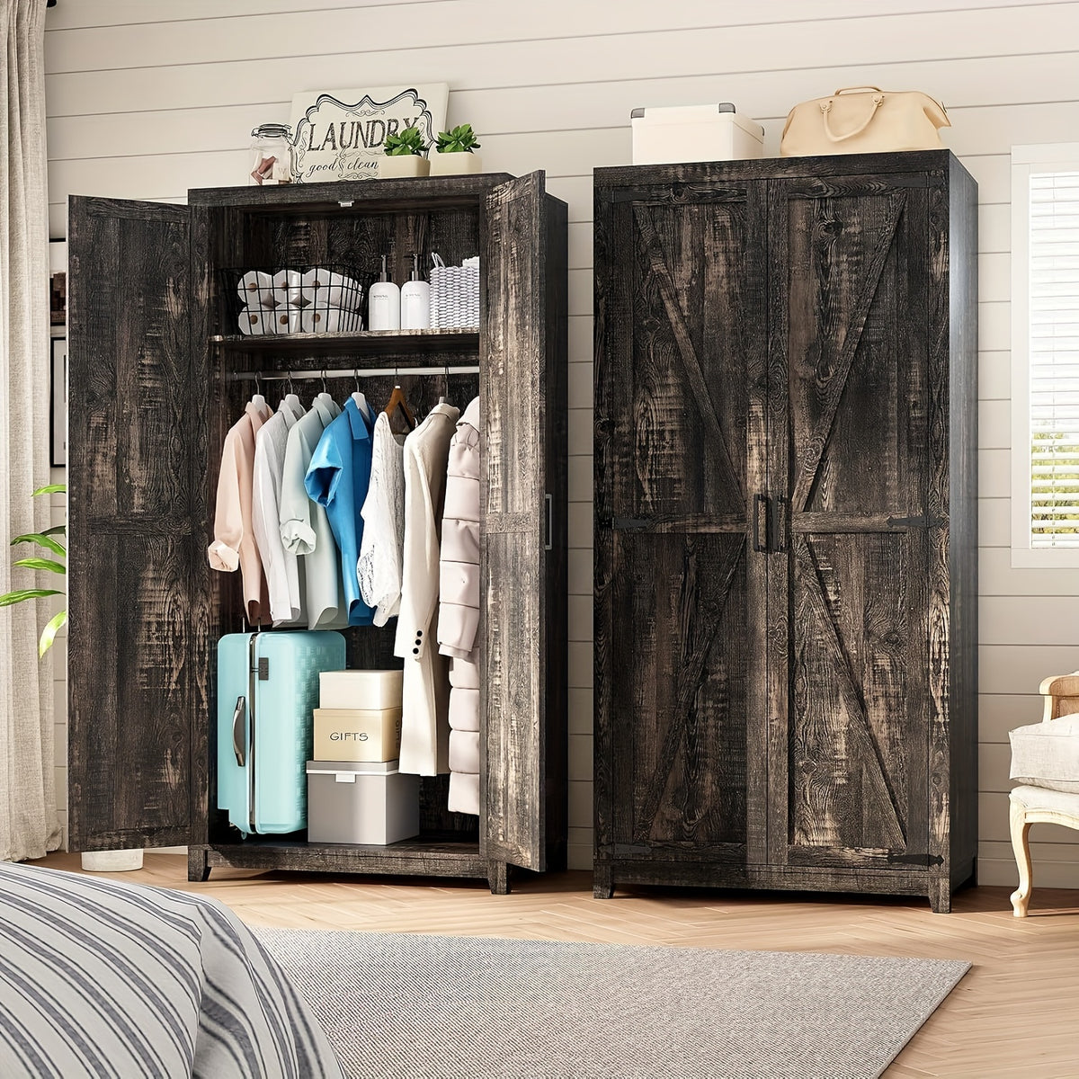 Farmhouse Wardrobe Armoire With 2 Sliding Barn Doors, 71'' Tall Storage Cabinet With Shelf & Hanging Rod, Versatile Cabinet Organizer