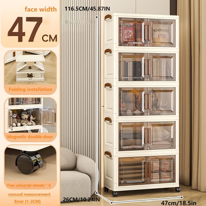 5-Tier Large-Capacity Storage Cabinet with Doors & White\u002FBeige Finish - Heavy-Duty Plastic Stackable Organizer with Cover & Wheels, Space-Saving Modern Wardrobe, Bedroom, Bathroom, Office Furniture - Multi-Purpose Shelving Unit for Home Organization,