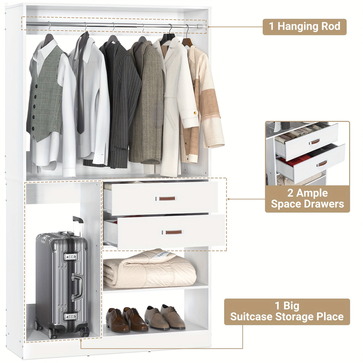 iSunirm Freestanding Closet System With Suitcase Storage, 40 Inches Stand-alone Wardrobe With 2 Wood Drawers, 80'' Height Adjustable Cloth Garment Rack, Walk-in Closet With Hanging Rod