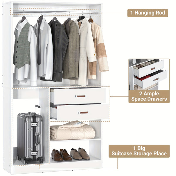 iSunirm Freestanding Closet System With Suitcase Storage, 40 Inches Stand-alone Wardrobe With 2 Wood Drawers, 80'' Height Adjustable Cloth Garment Rack, Walk-in Closet With Hanging Rod