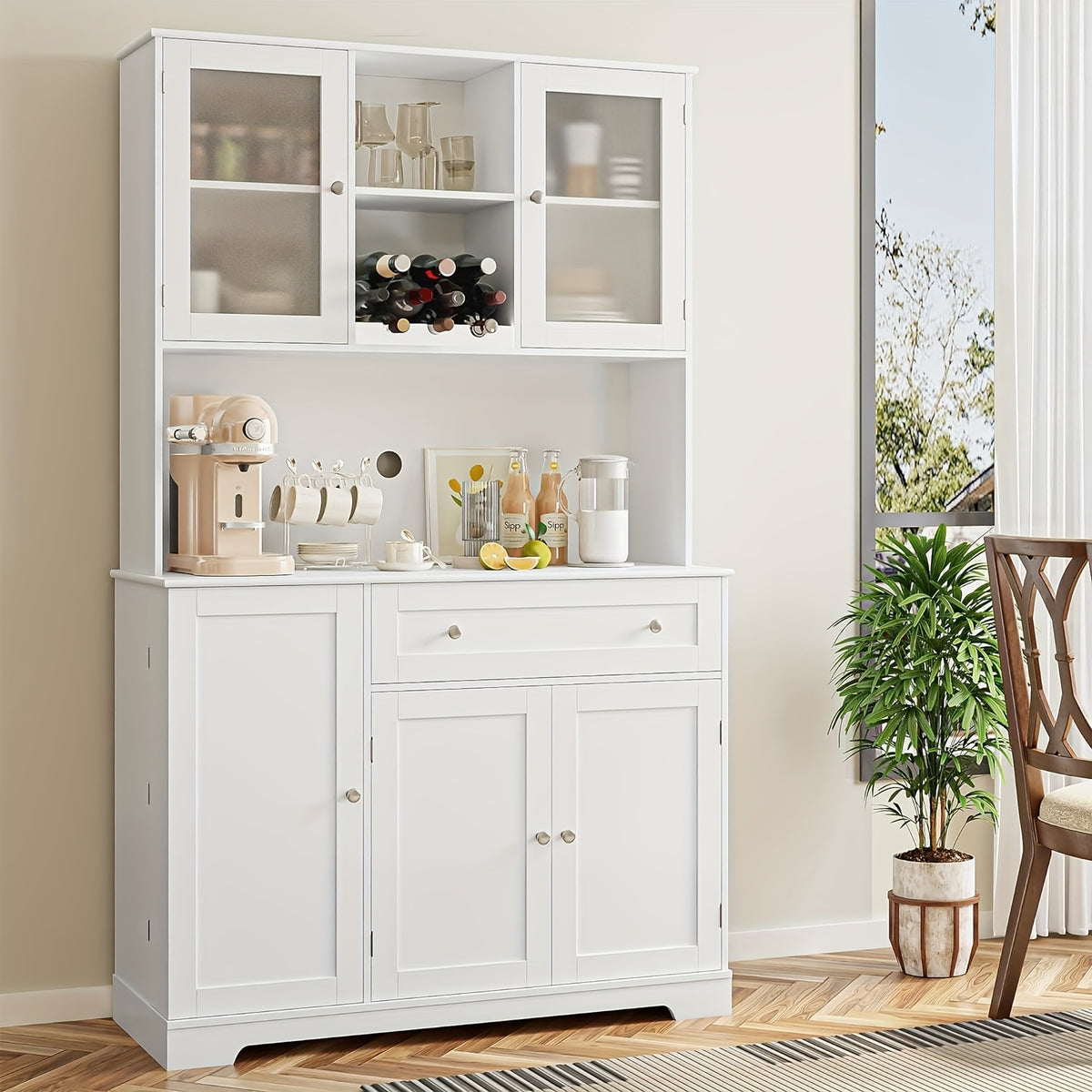 Modern Storage Cabinet GAOMON Modern Tall Cabinet with Doors, Drawers & Microwave Rack | 67.9 Inch Freestanding Food Storage Organizer with Open Storage Space for Living Room, Bedroom, Bathroom, Kitchen, Dining Room (White)