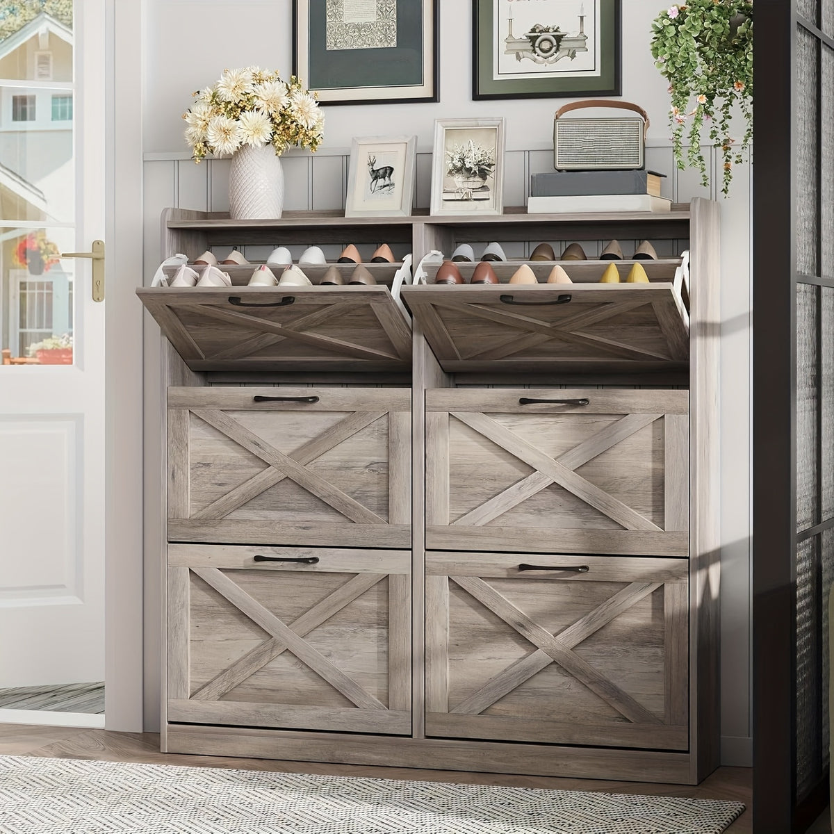 Washed Gray Shoe Storage Cabinet With 6 Flip Drawers - Narrow Freestanding Shoe Cabinet And Shoe Storage Organizer With Metal Handles For Entryway, Large Shoe Rack Organizer, Modern Farmhouse Shoe Rack, Ideal For Shoe Racks