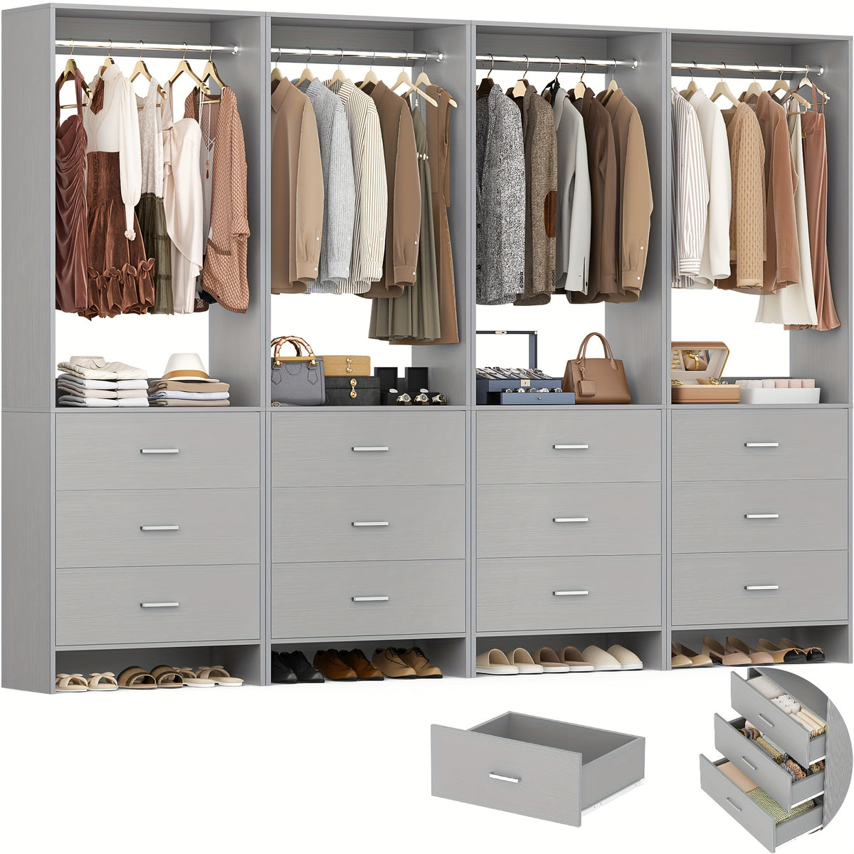 Aheaplus Closet System WithDrawers, Closet Organizer, Wood Closet Organizer System, Walk-in Closet Or Small Closets Wardrobe, Clothes Rack With Hanging Rods