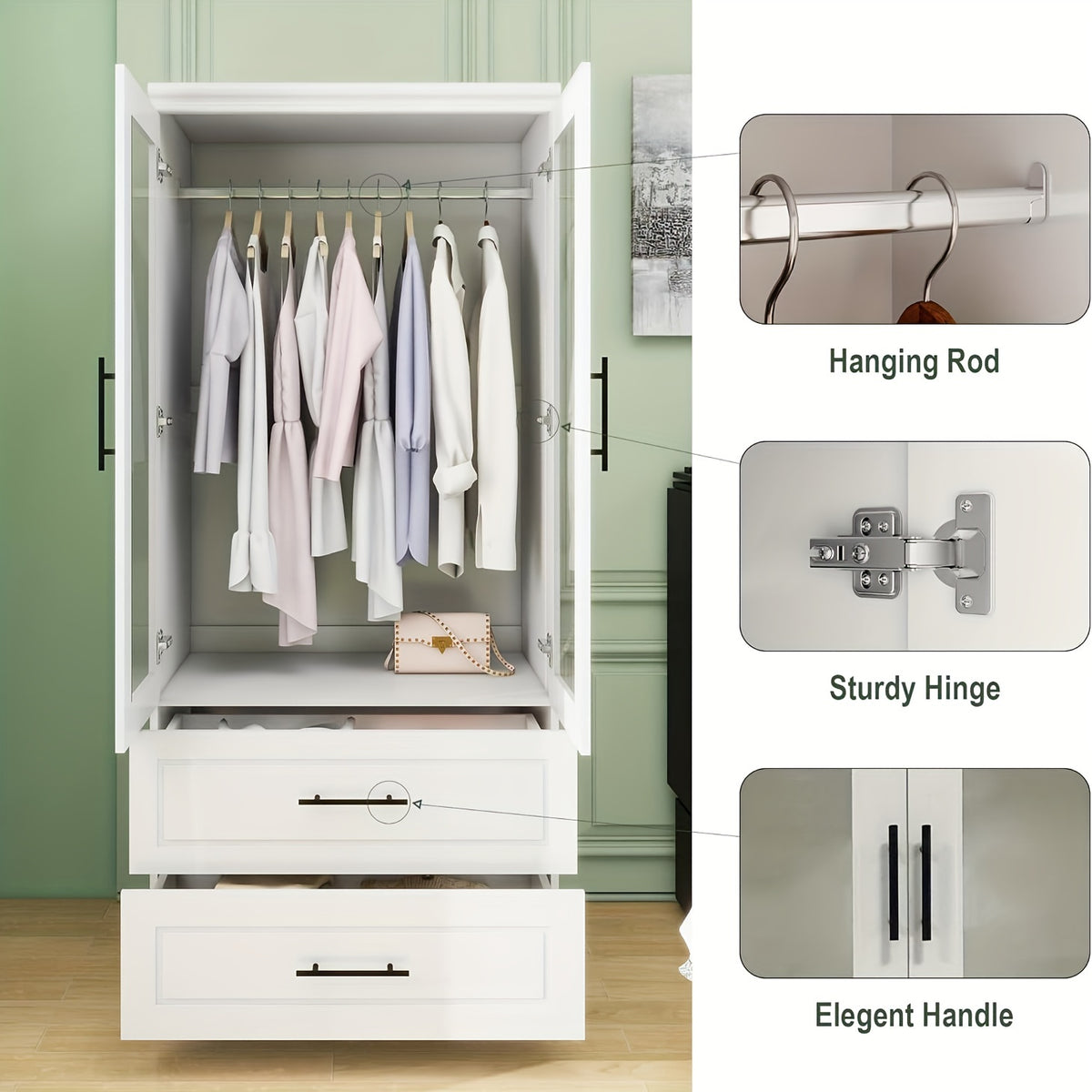 Modern White Wooden Wardrobe with 2 Drawers & Hanging Rods – Freestanding Bedroom Armoire Closet for Storage and Organization, Includes Transparent Doors and Side Pockets, Portable Closet
