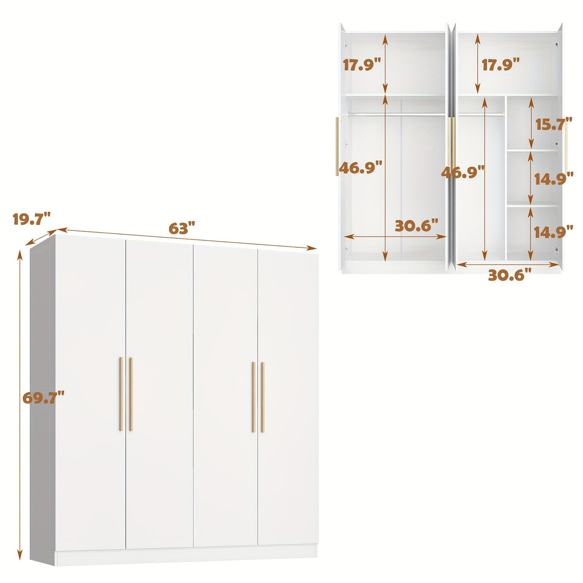 Spacious 4-Door White Wardrobe Armoire Closet - Freestanding Organizer with Storage Shelves & Hanging Rod, Durable MDF Wood, Water-Resistant, Easy Assembly, Modern Design for Bedroom Storage (63\