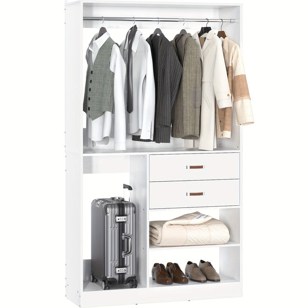 iSunirm Freestanding Closet System With Suitcase Storage, 40 Inches Stand-alone Wardrobe With 2 Wood Drawers, 80'' Height Adjustable Cloth Garment Rack, Walk-in Closet With Hanging Rod