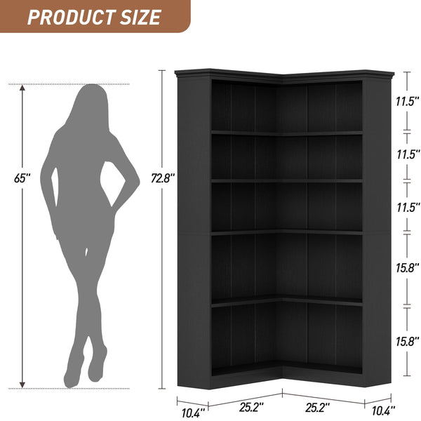 Heavy-Duty Corner Panel Bookcase - Black Modern L-Shaped Bookshelf with Curved Shelves, Space-Saving Freestanding Storage Shelf for Home Office, Living Room, Study - Easy Assembly, Sturdy Shelf Organizer (27\