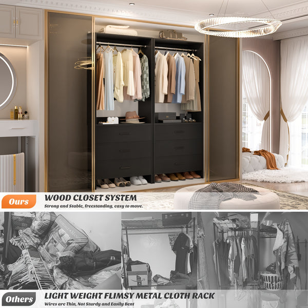 Aheaplus Closet System WithDrawers, Closet Organizer, Wood Closet Organizer System, Walk-in Closet Or Small Closets Wardrobe, Clothes Rack With Hanging Rods