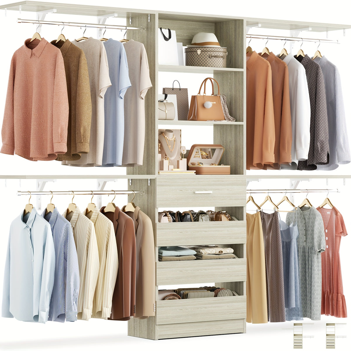 Aheaplus Closet System, Wood Closet Organizer Starter Kit with 4 Drawers, 8ft Closet Organizer System, 96'' Walk-in Closet Wardrobe Clothes Rack with 4 Hanging Rods, Shelves, Adjustable Garment Rack, Cut Fits Spaces 4-9ft