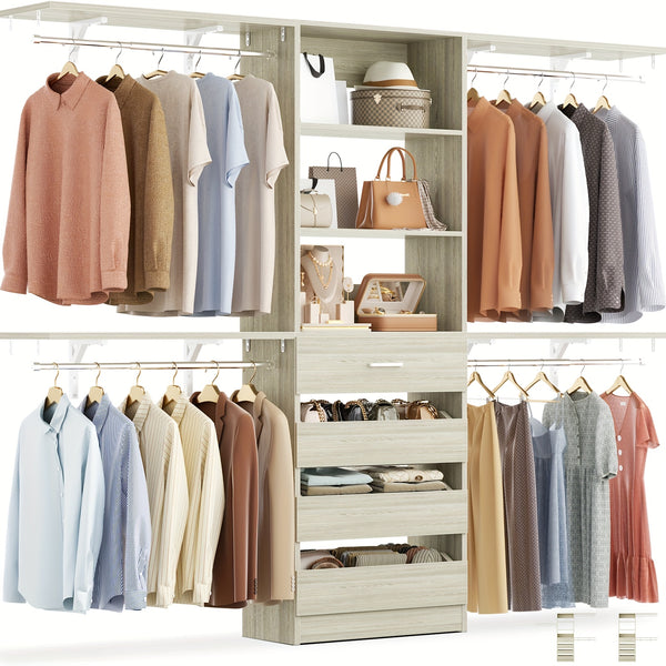 Aheaplus Closet System, Wood Closet Organizer Starter Kit with 4 Drawers, 8ft Closet Organizer System, 96'' Walk-in Closet Wardrobe Clothes Rack with 4 Hanging Rods, Shelves, Adjustable Garment Rack, Cut Fits Spaces 4-9ft