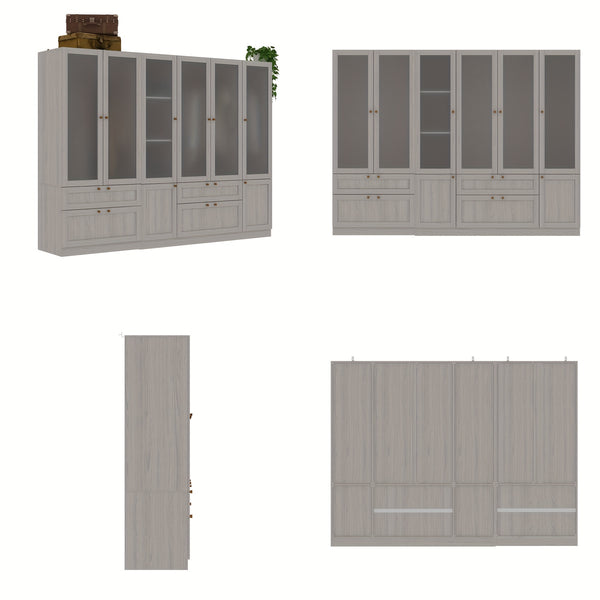 Elegant Armoire Wardrobe Closet With 6 Frosted Glass Doors & 4 Drawers, Wardrobe Closet With Hanging Rods & Shelves, Clothes Storage Cabinet Organizer For Bedroom, Stylish And Modern Design, Warm Grey
