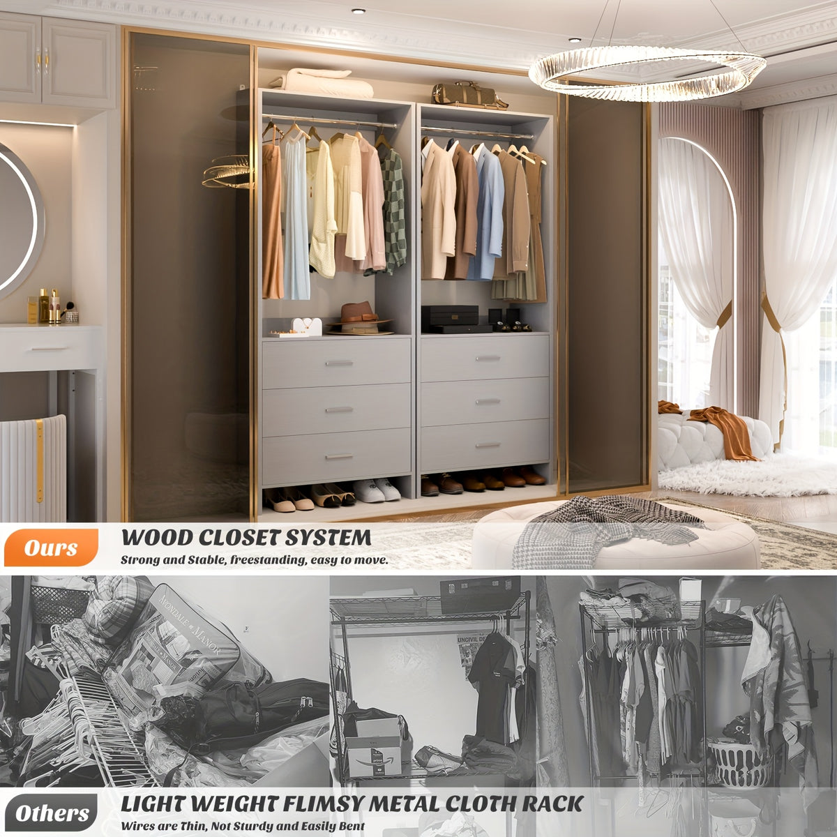 Aheaplus Closet System WithDrawers, Closet Organizer, Wood Closet Organizer System, Walk-in Closet Or Small Closets Wardrobe, Clothes Rack With Hanging Rods