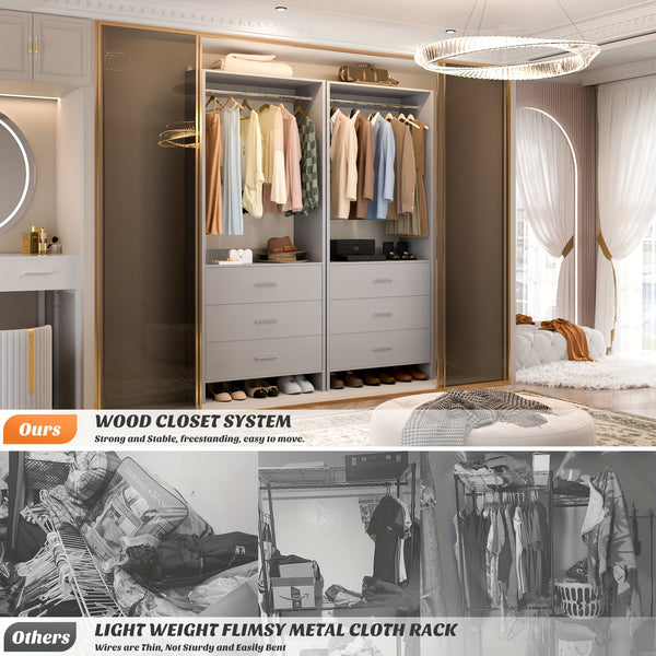 Aheaplus Closet System WithDrawers, Closet Organizer, Wood Closet Organizer System, Walk-in Closet Or Small Closets Wardrobe, Clothes Rack With Hanging Rods