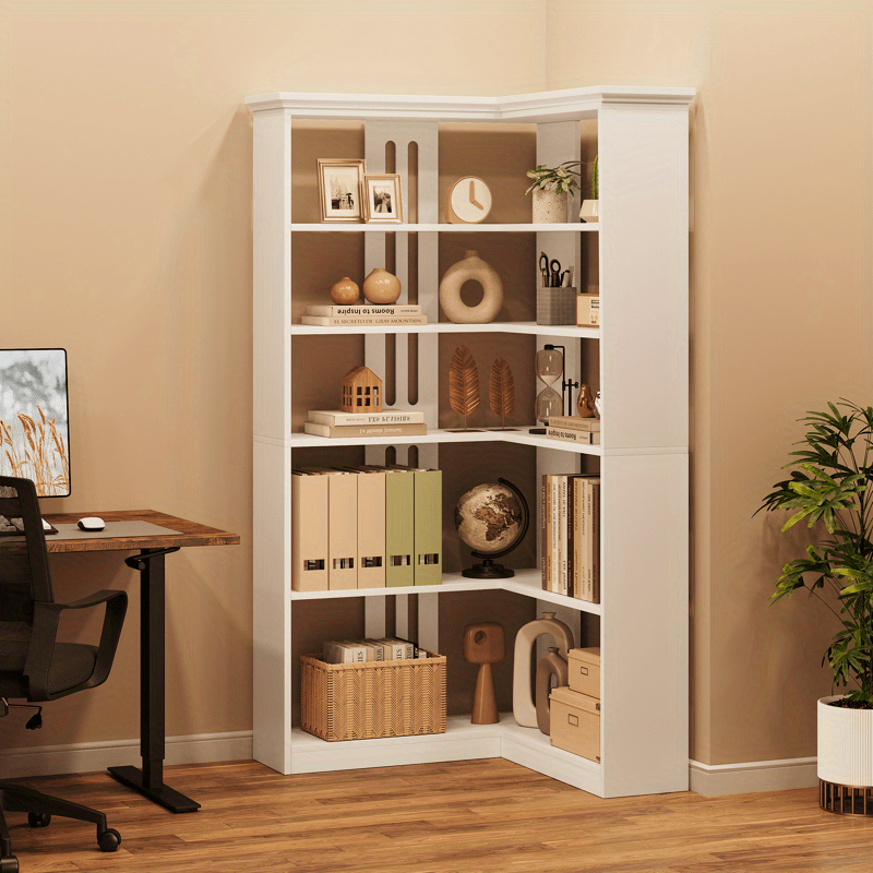 L Shaped Corner Bookshelf 5 Tier Large Wood Display Bookshelf 90° Corner Standing Bookcase