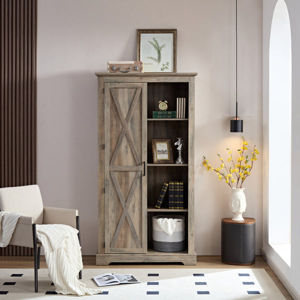Large Rustic Farmhouse Tall Storage Cabinet with Barn Door - Solid Wood, Adjustable Shelves & X-Design Doors, Gray Wash White Oak Pantry Cupboard, 39.37\