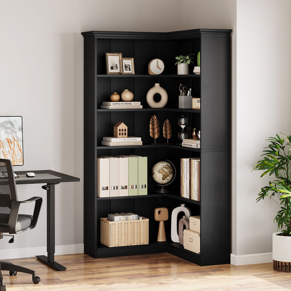 Heavy-Duty Corner Panel Bookcase - Black Modern L-Shaped Bookshelf with Curved Shelves, Space-Saving Freestanding Storage Shelf for Home Office, Living Room, Study - Easy Assembly, Sturdy Shelf Organizer (27\