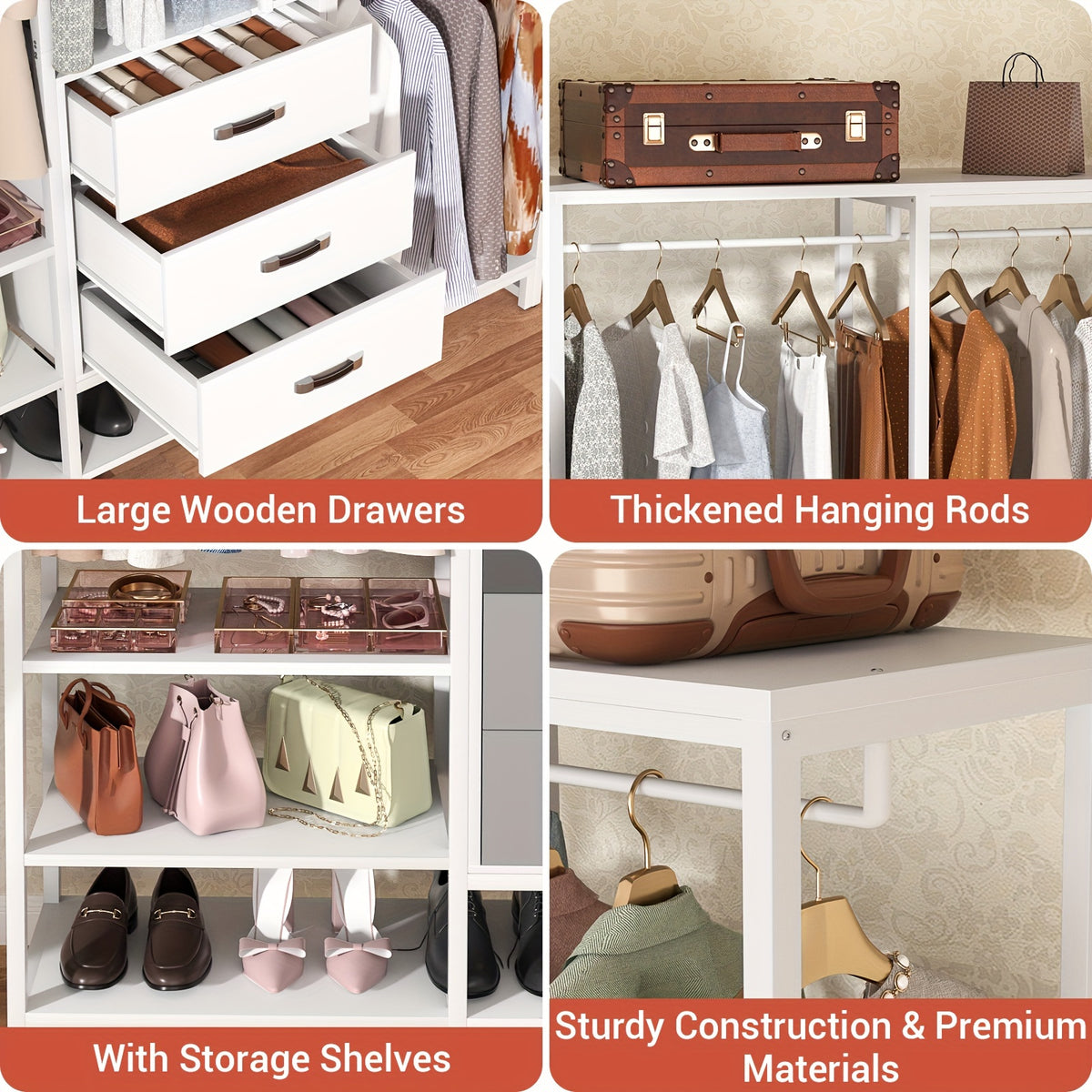 Wooden Closet Organizer Heavy Duty Wooden Closet Rack, Convertible L-Shaped Closet Storage with 3 Wooden Drawers
