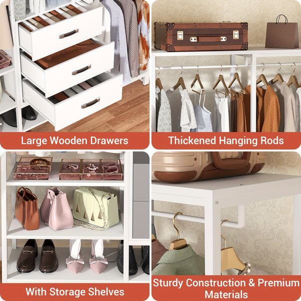 Wooden Closet Organizer Heavy Duty Wooden Closet Rack, Convertible L-Shaped Closet Storage with 3 Wooden Drawers