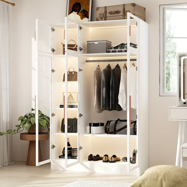 Modern Combo Armoire with All-Glass Doors & Solid Metal Frame, Diverse Storage Compartments, 74.8\