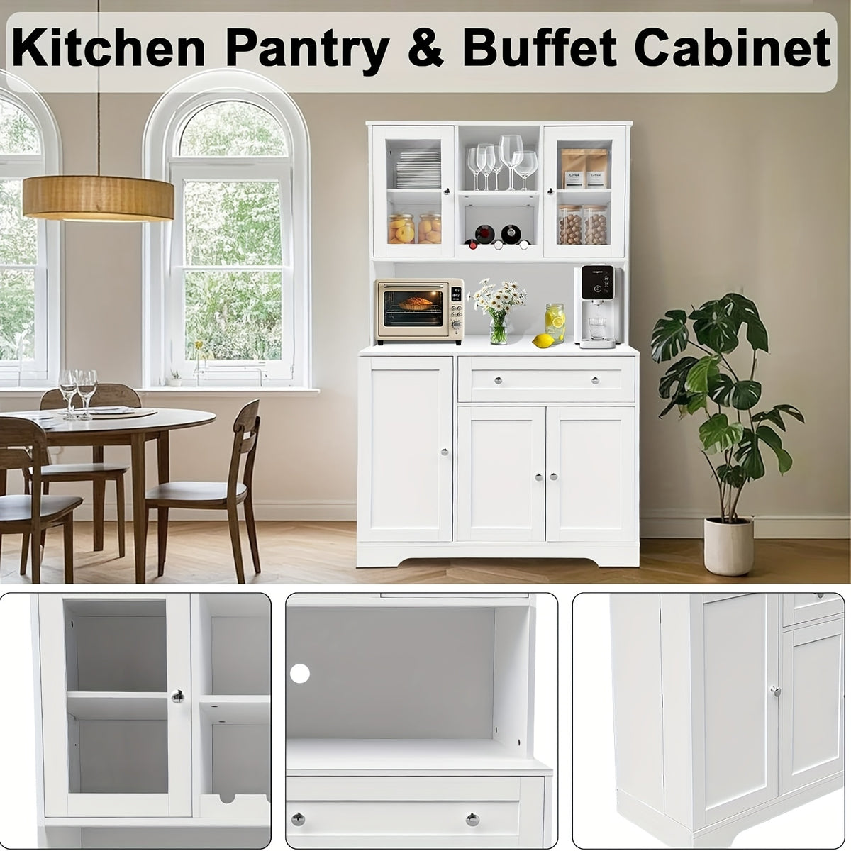 Modern Storage Cabinet GAOMON Modern Tall Cabinet with Doors, Drawers & Microwave Rack | 67.9 Inch Freestanding Food Storage Organizer with Open Storage Space for Living Room, Bedroom, Bathroom, Kitchen, Dining Room (White)
